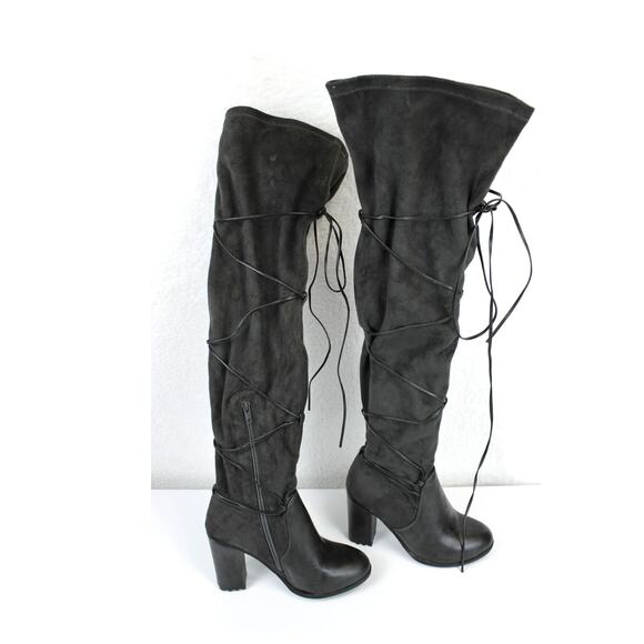 Leila Stone Shoes - Leila Stone Rayne Suede Lace Up Zip Tall Boots Women 6 Block Heel 3.5" Dark Gray